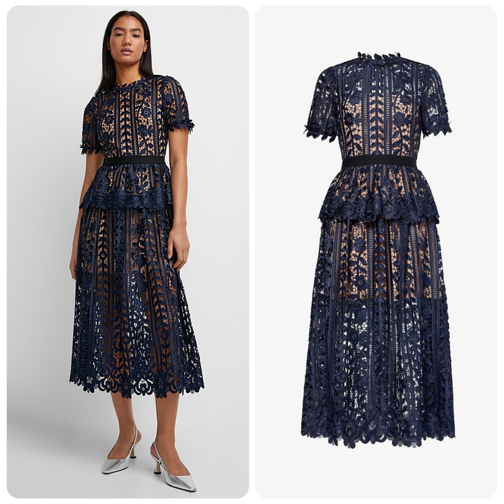 NWT Self-Portrait Navy Lace Midi Dress – Size 2